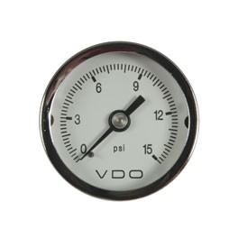 Pressure gauge,0-15 lbs,Fuel, NOT FI,white, direct mount,VDO